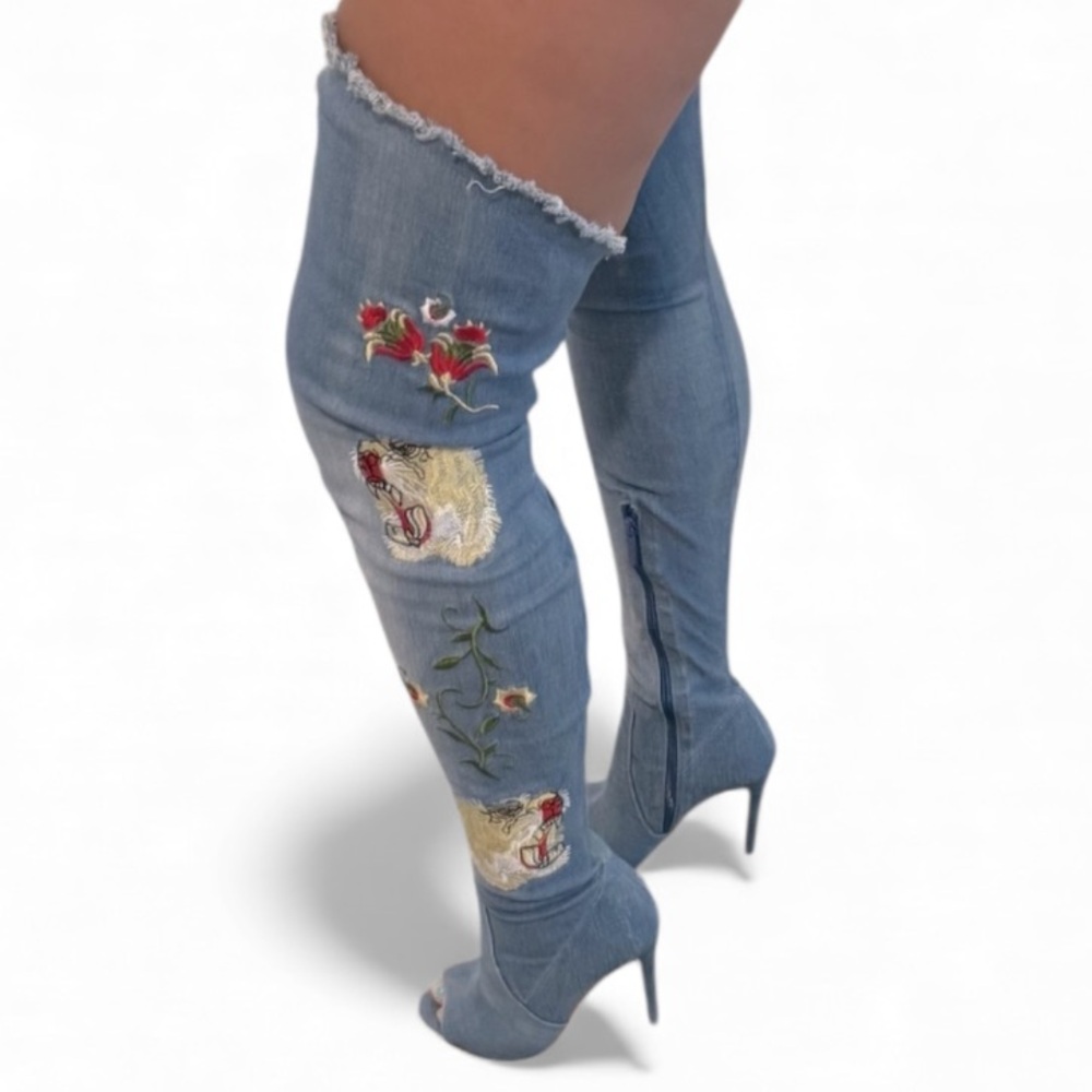 Toriana Blue Denim Like Club Embroidered Tiger Rose Over the Knee Boots- Size 8